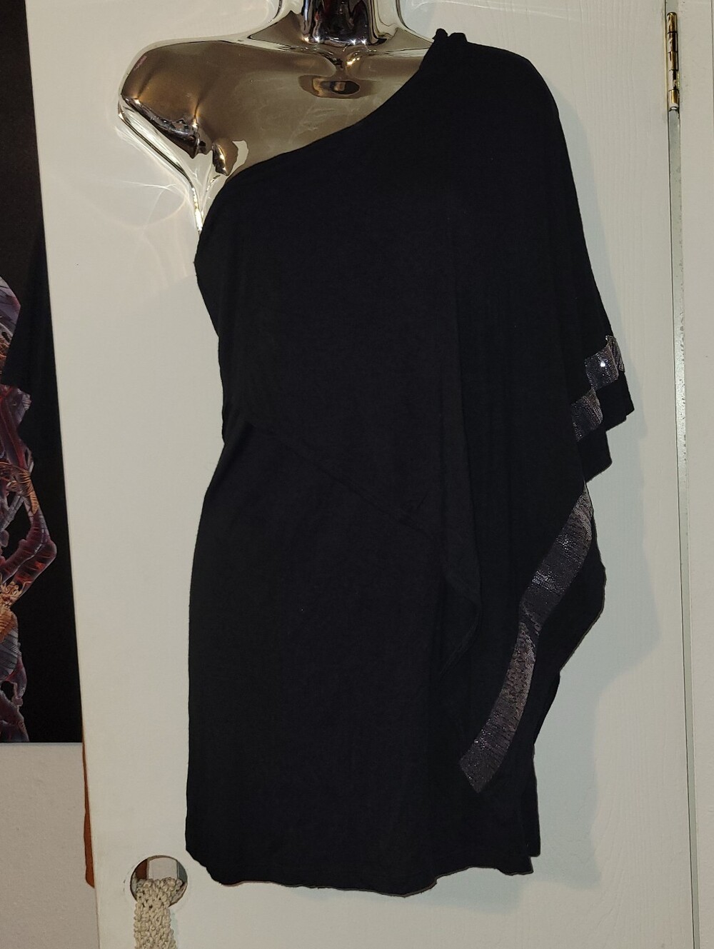 Vintage Y2K Little Black Dress By Guess With One Sholder and Silver Accent